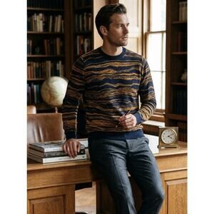John Smedley Merino Wool Sweater Navy & Gold Tiger Stripe Abstract Wave Size L